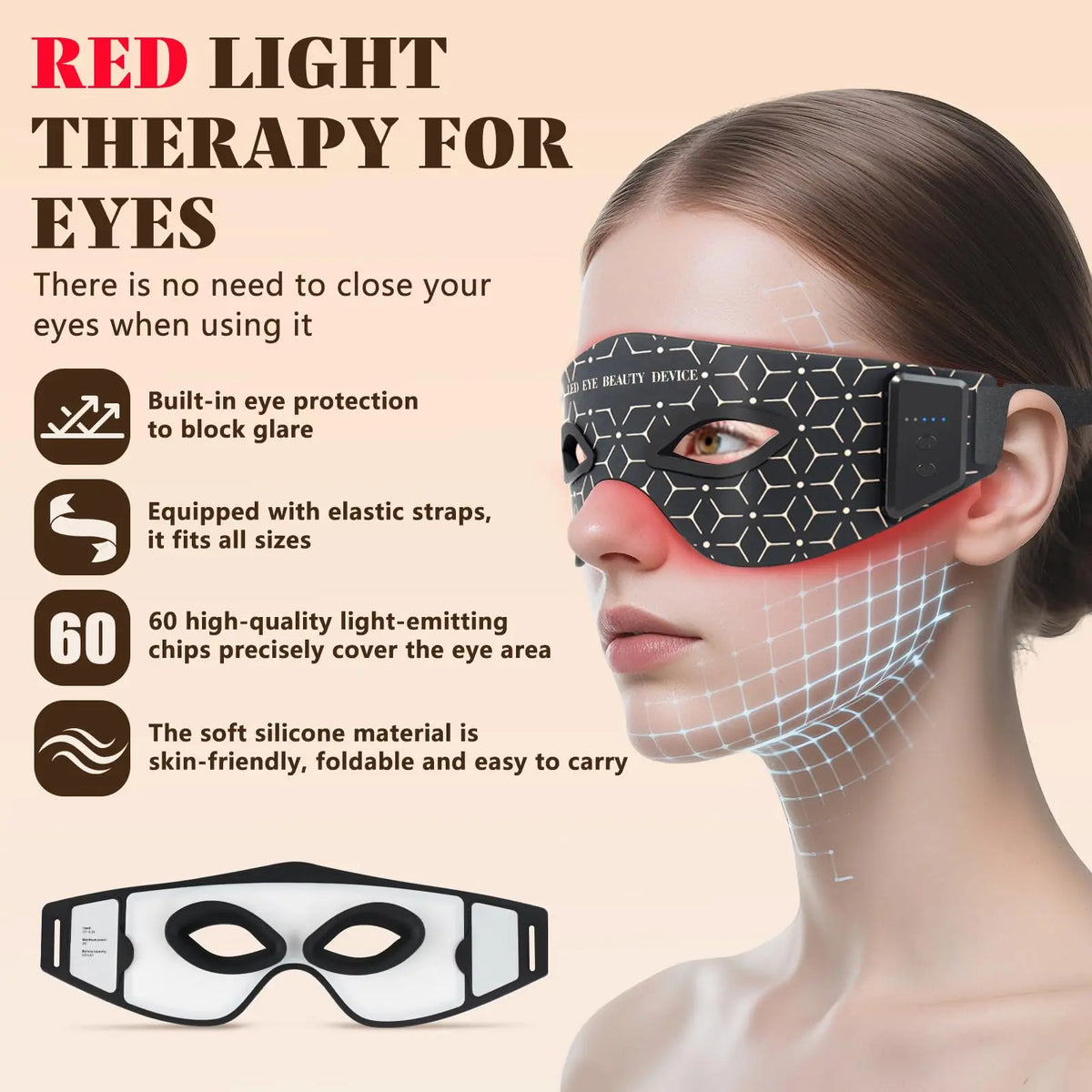 Masque LED Photothérapie pour les Yeux – Anti-Cernes & Anti-Rides, Lumière Rouge