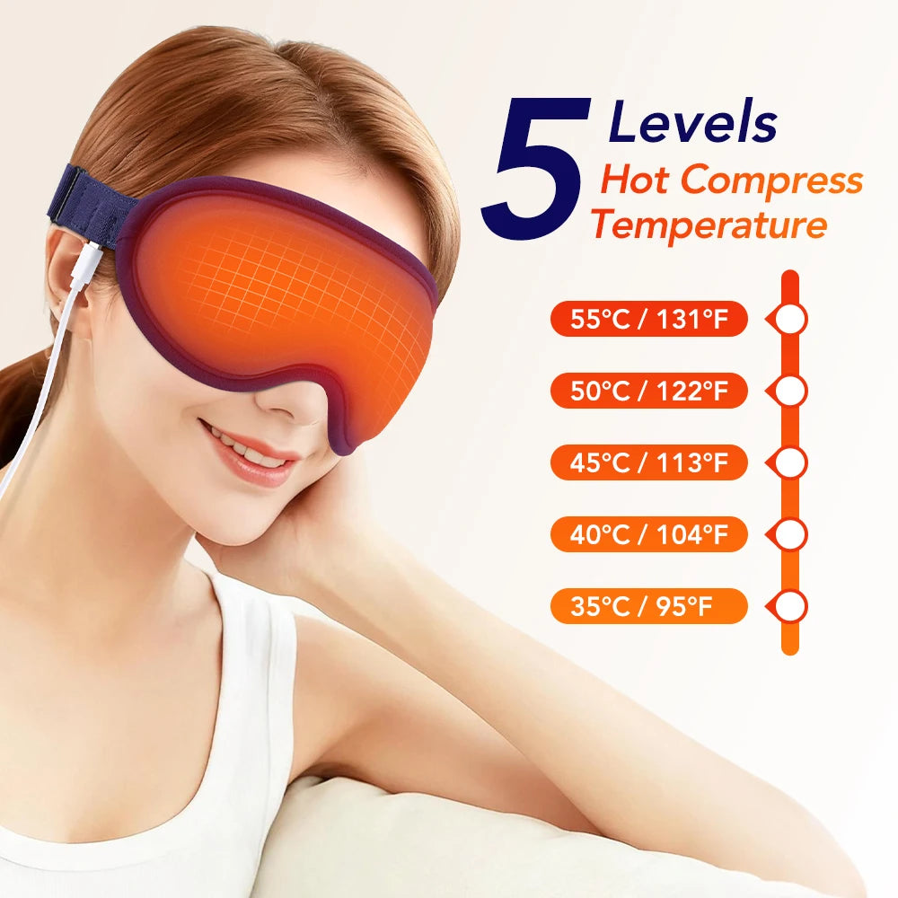 Masque Chauffant pour les Yeux – Compresse Chaude 5 Niveaux, Massage 3D &amp; Vibrations