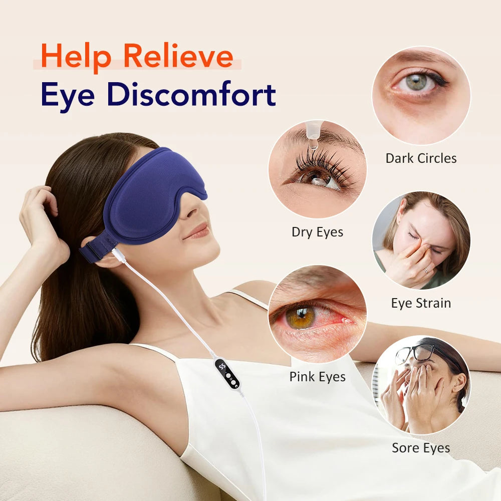 Masque Chauffant pour les Yeux – Compresse Chaude 5 Niveaux, Massage 3D &amp; Vibrations